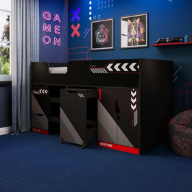 Octane Cabin Bed with red and black design in a room with blue walls, neon sign, and framed pictures.
