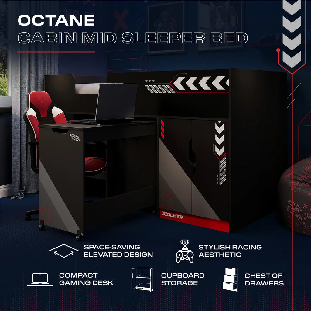 Octane Cabin Mid Sleeper Bed with gaming desk and storage features on a dark background
