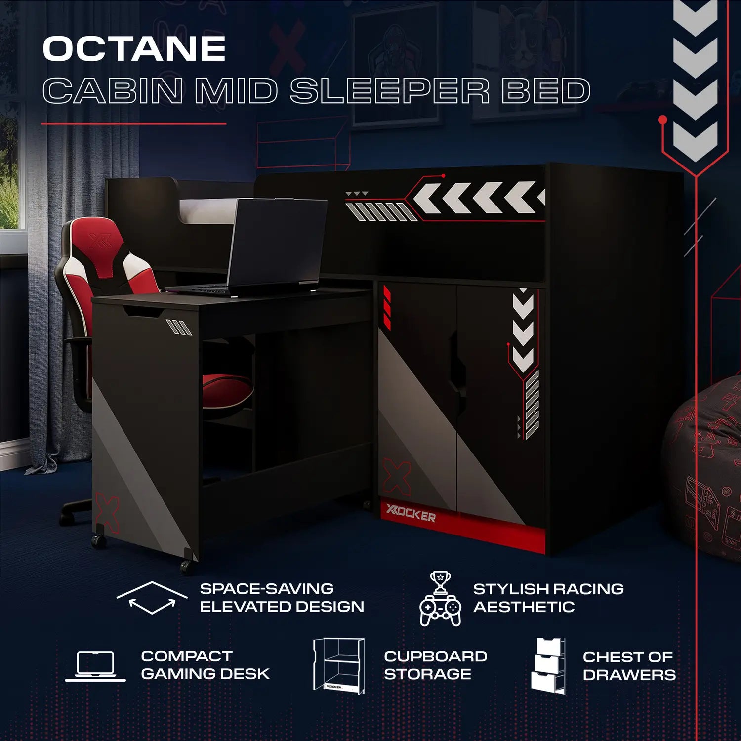 Octane Cabin Mid Sleeper Bed with gaming desk and storage features on a dark background