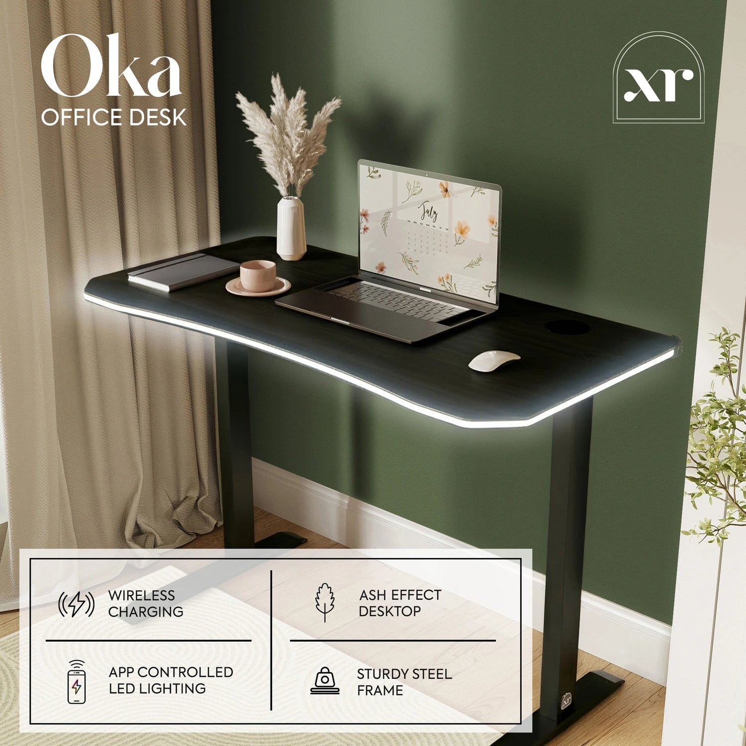 Oka LED Office Desk with Wireless Charging - Black Ash RGB (2 Sizes)