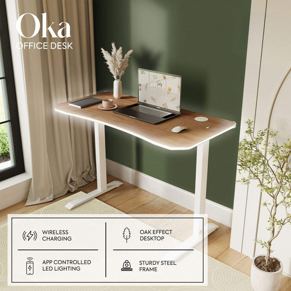 Oka LED Office Desk with Wireless Charging - Oak RGB (2 Sizes)