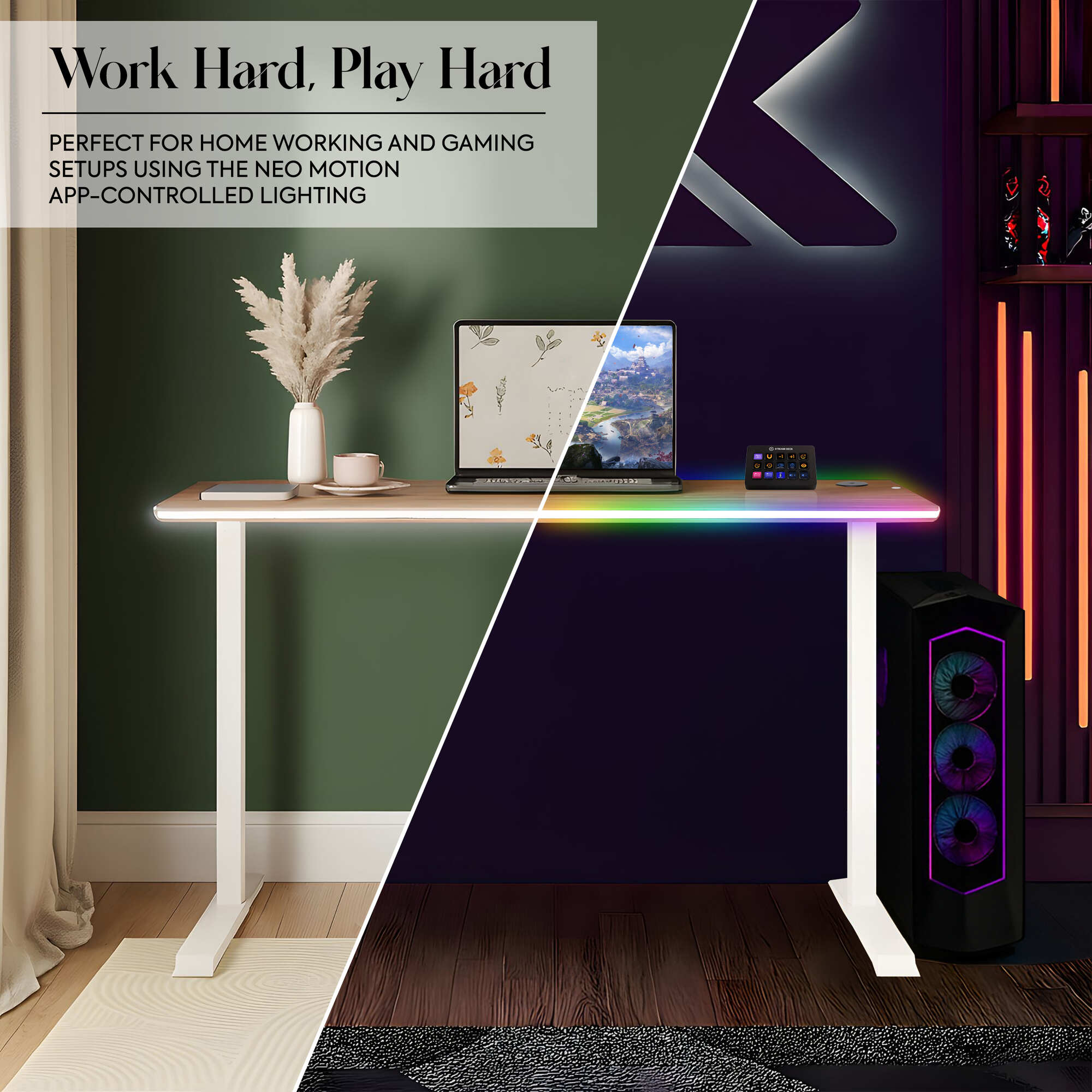 OKA Office desk, showcasing its use in both an office environment and a gaming environment.