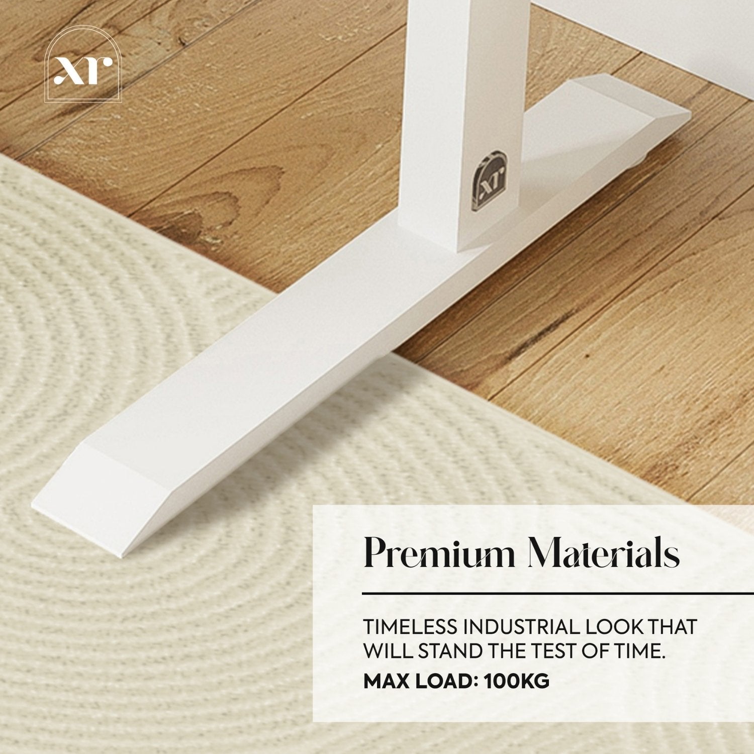 White metal bracket on a wooden floor with text about premium materials and load capacity.