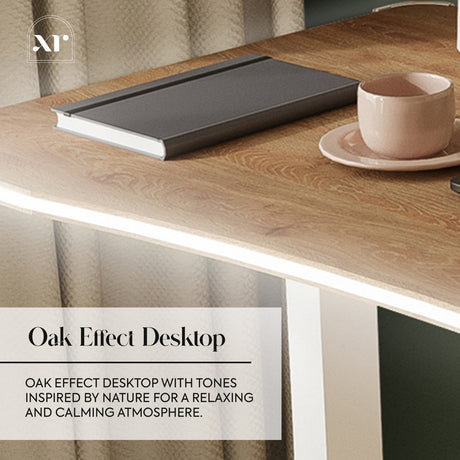Wooden desk with a laptop and cup, featuring text about an oak effect desktop.