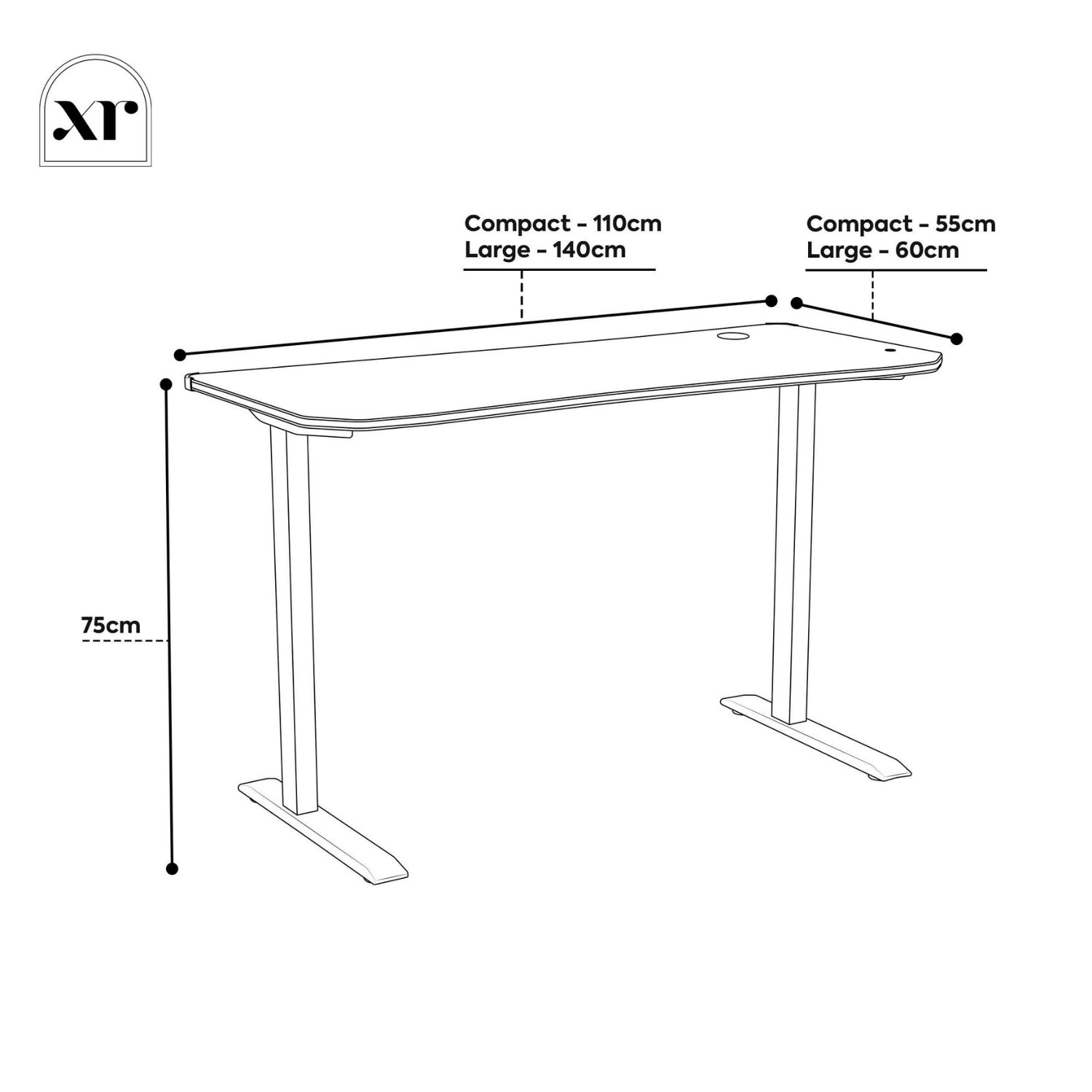Line drawing of a desk with dimensions labeled