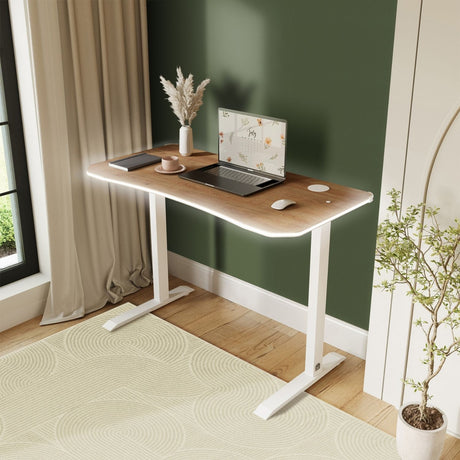 Wooden desk with a laptop, mouse, and decorative items in a home office setting.