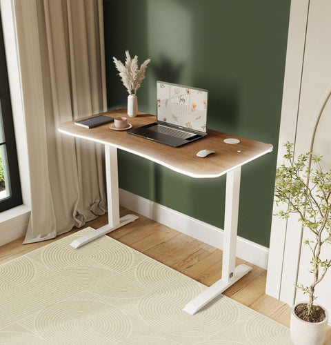 Wooden desk with a laptop, mouse, and decorative items in a home office setting.