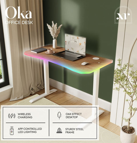 Oka LED Office Desk with Wireless Charging - Oak RGB (2 Sizes)