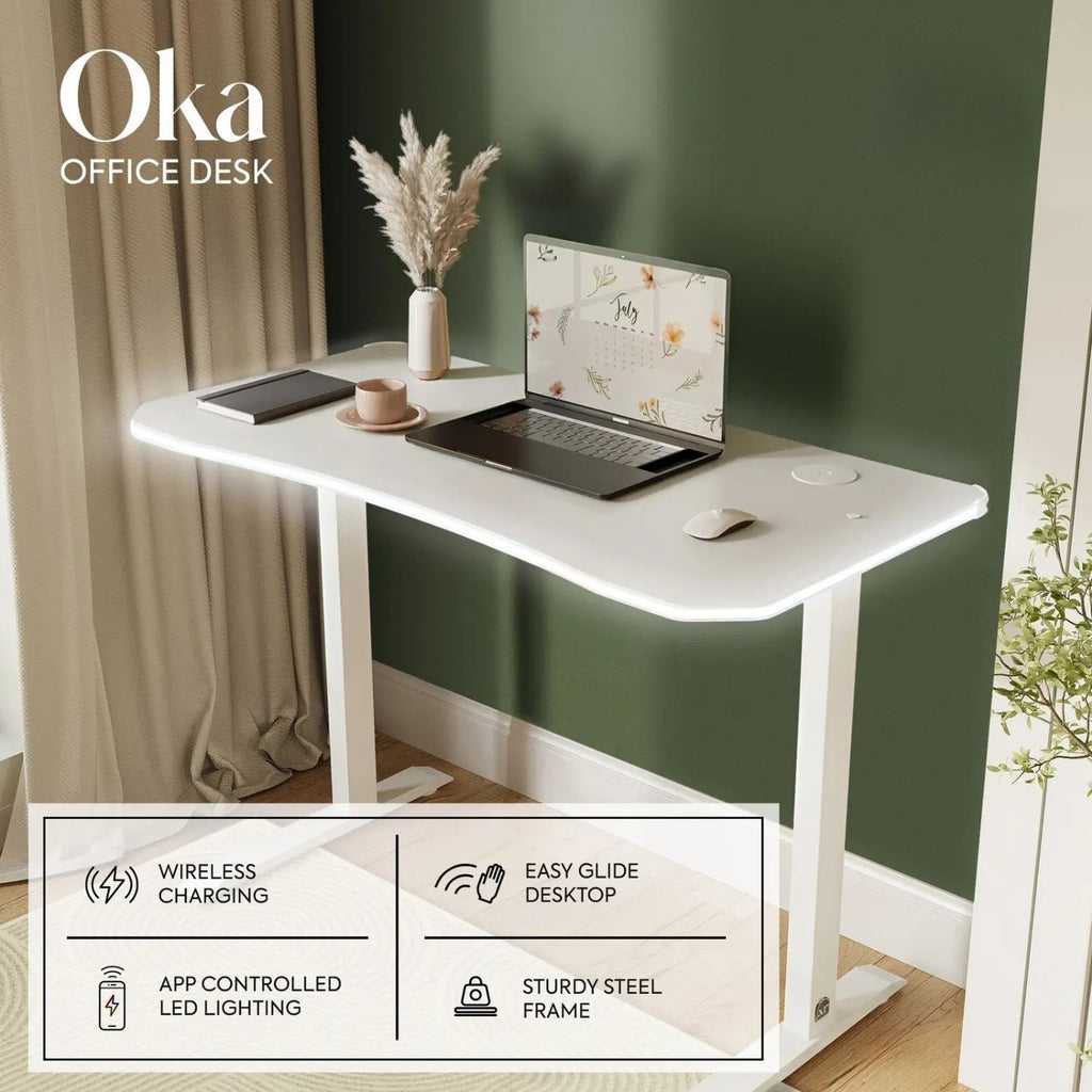 Oka LED Office Desk with Wireless Charging - White (2 Sizes)