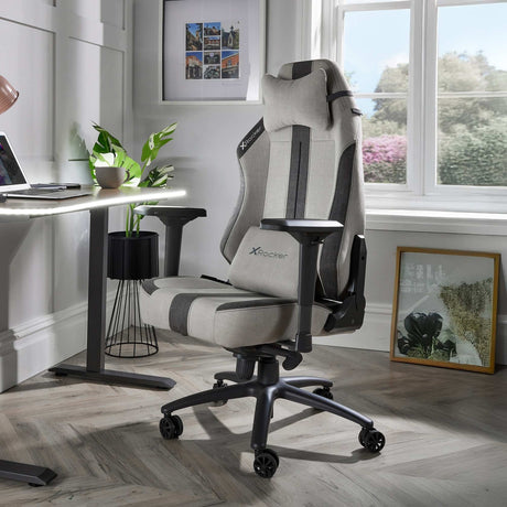 Ergonomic office chair in a home office setting with a desk and decor.