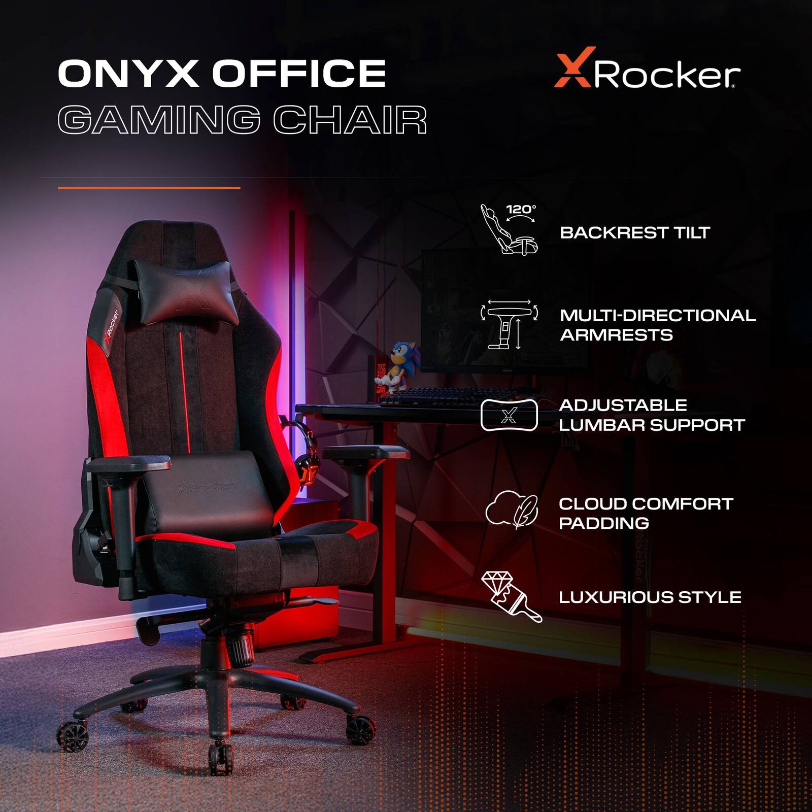 Onyx Ergonomic PC Office Gaming Chair - Fabric Black / Red