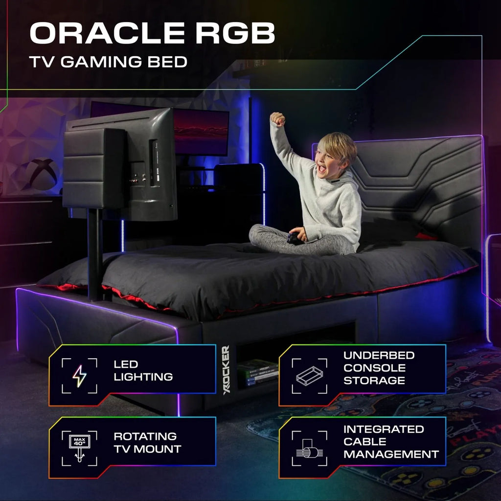 Gaming bed with Oracle RGB branding, LED lighting, and console storage features.