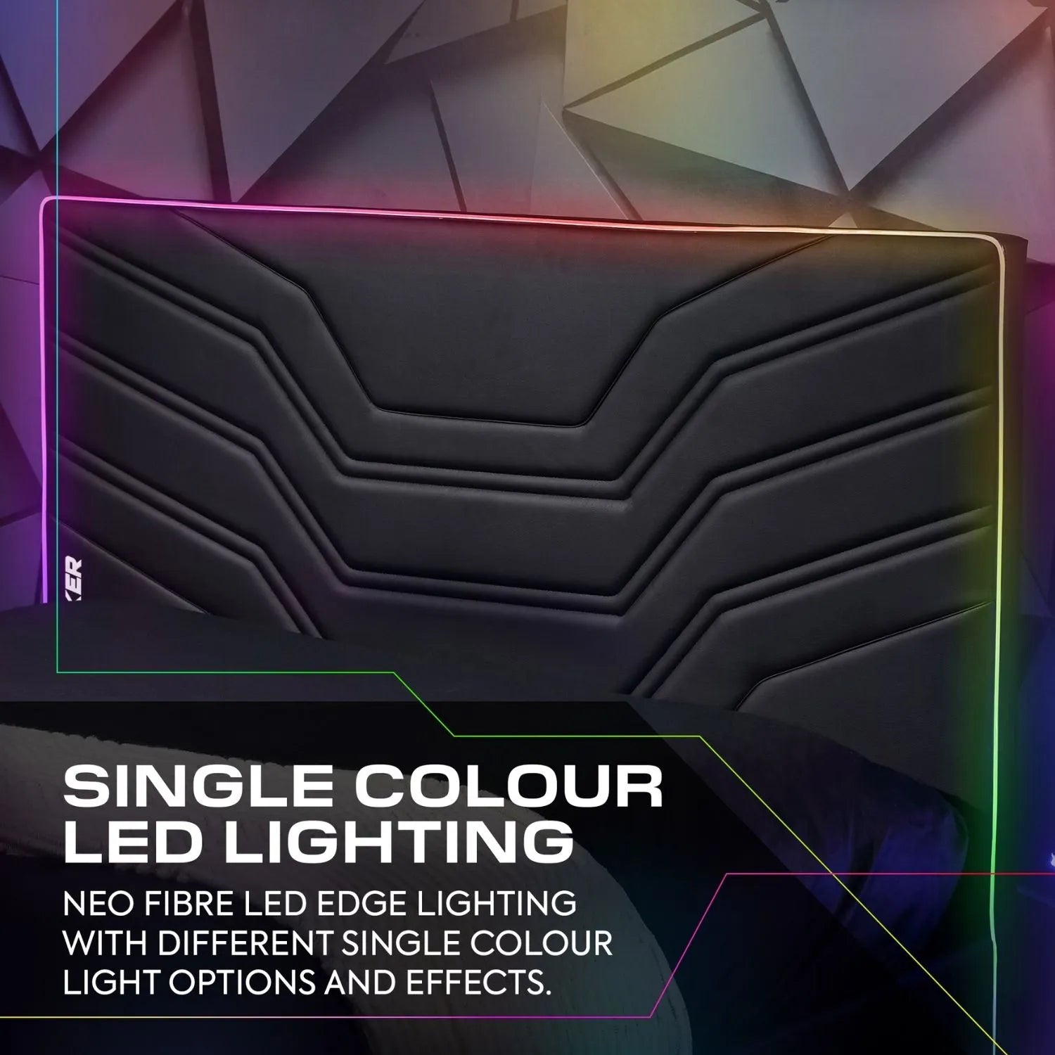 Black gaming bed with multi-coloured LED lighting on a geometric background