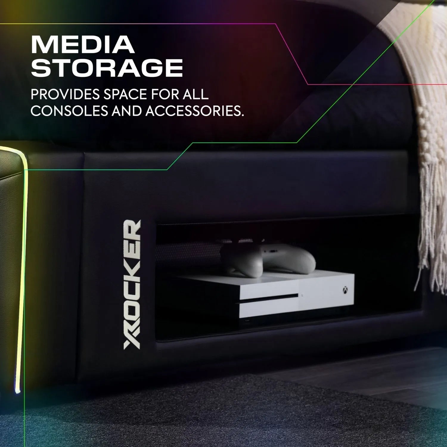 Media storage console with gaming console and accessories, featuring the X rocker brand.