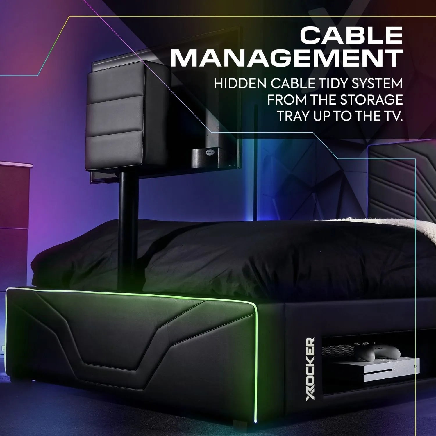 Gaming bed with cable management system highlighted, featuring X rocker branding.