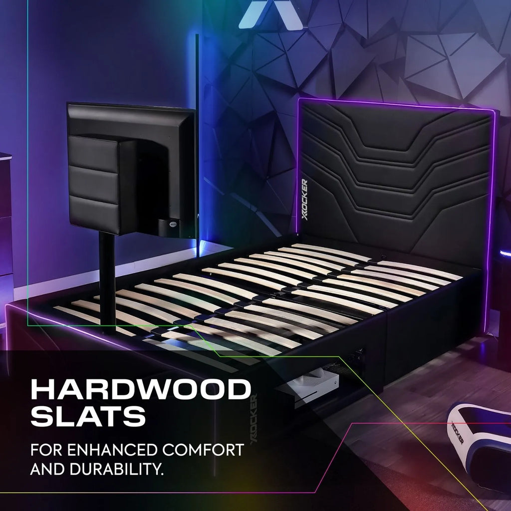 Bed with hardwood slats in a modern bedroom setting, featuring the brand 'X rocker'.