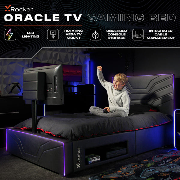 Modern gaming bed with TV mount and under-bed RGB lighting