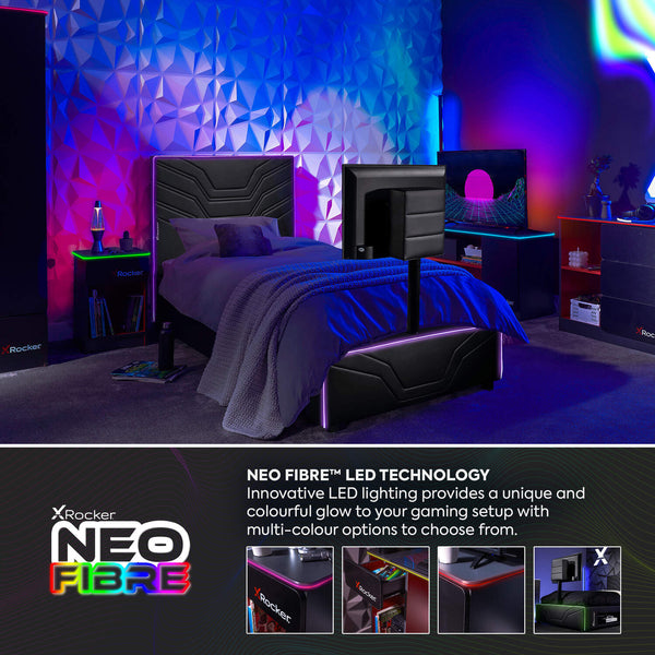 LED-lit single gaming bed with TV support and sleek metal frame