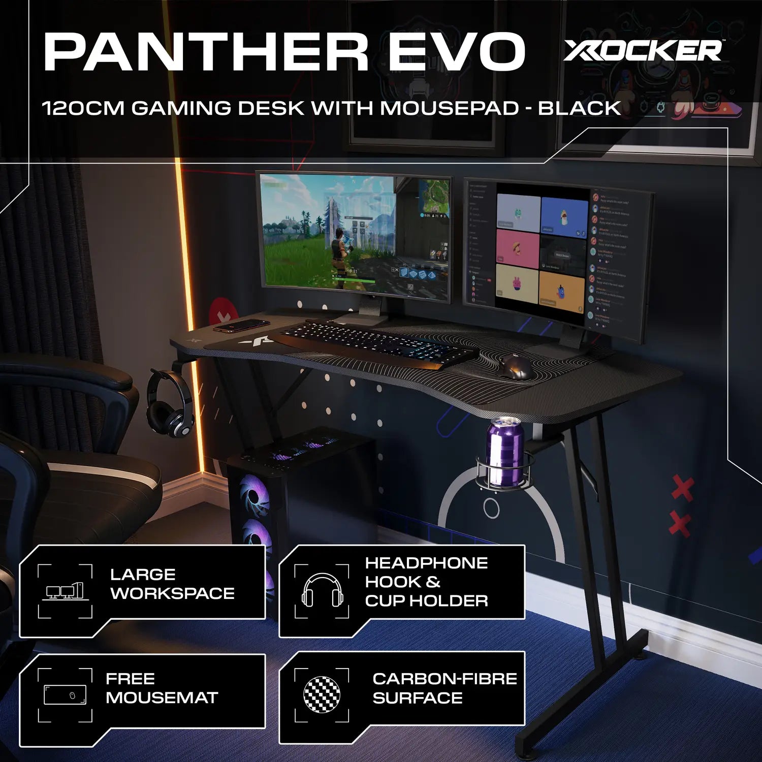 Gaming desk with mousepad and computer setup, featuring X rocker Panther Evo branding.