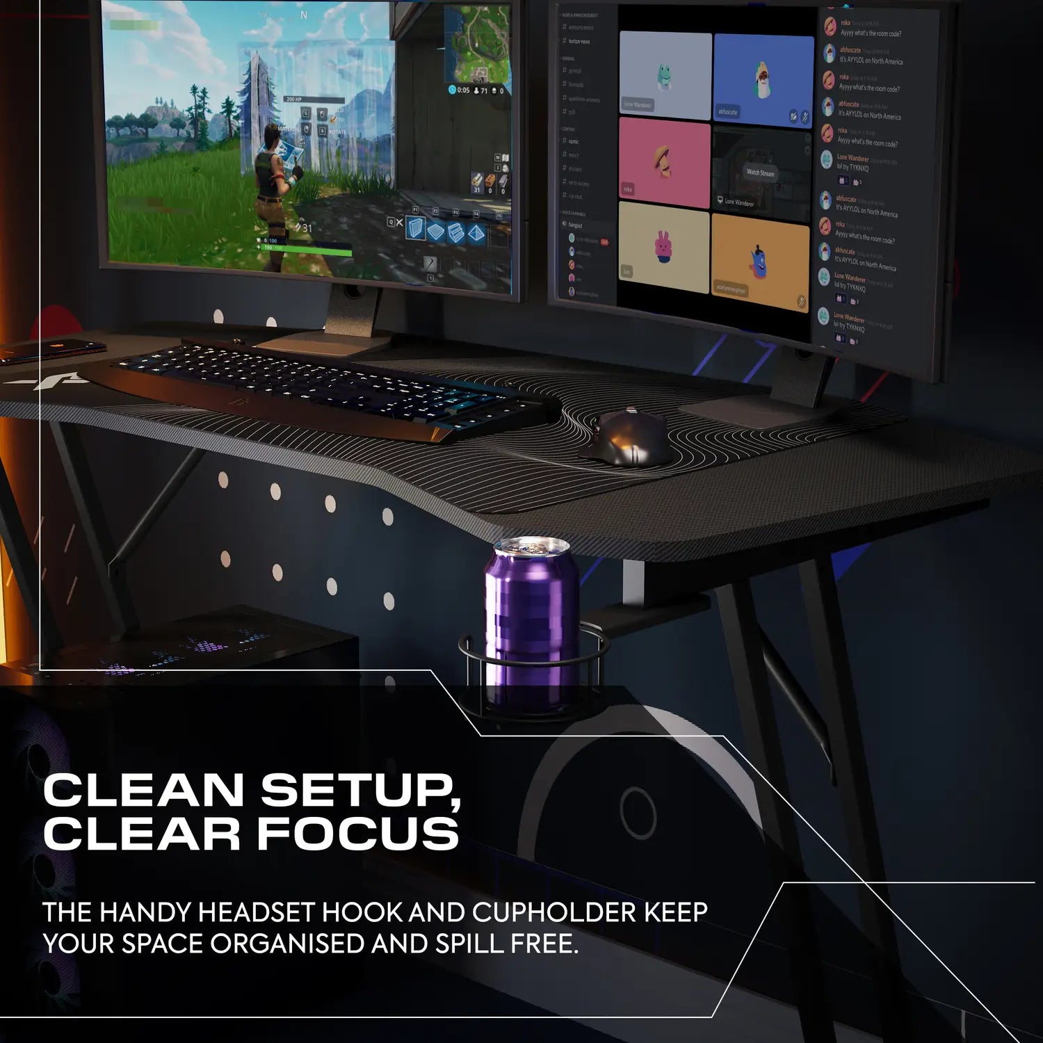 Gaming setup with multiple monitors, keyboard, and mouse on a Panther Evo desk.