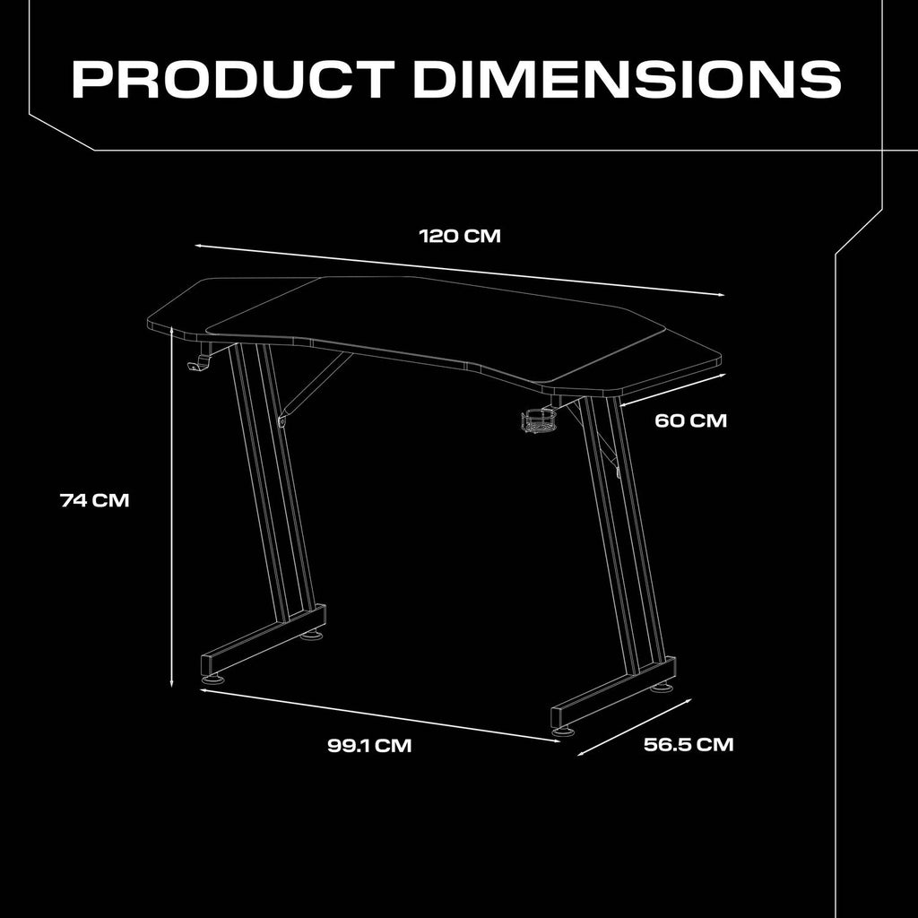 Diagram of a Panther Evo desk with dimensions labeled on a black background, showcasing 60cm depth, 120cm width and 74cm height