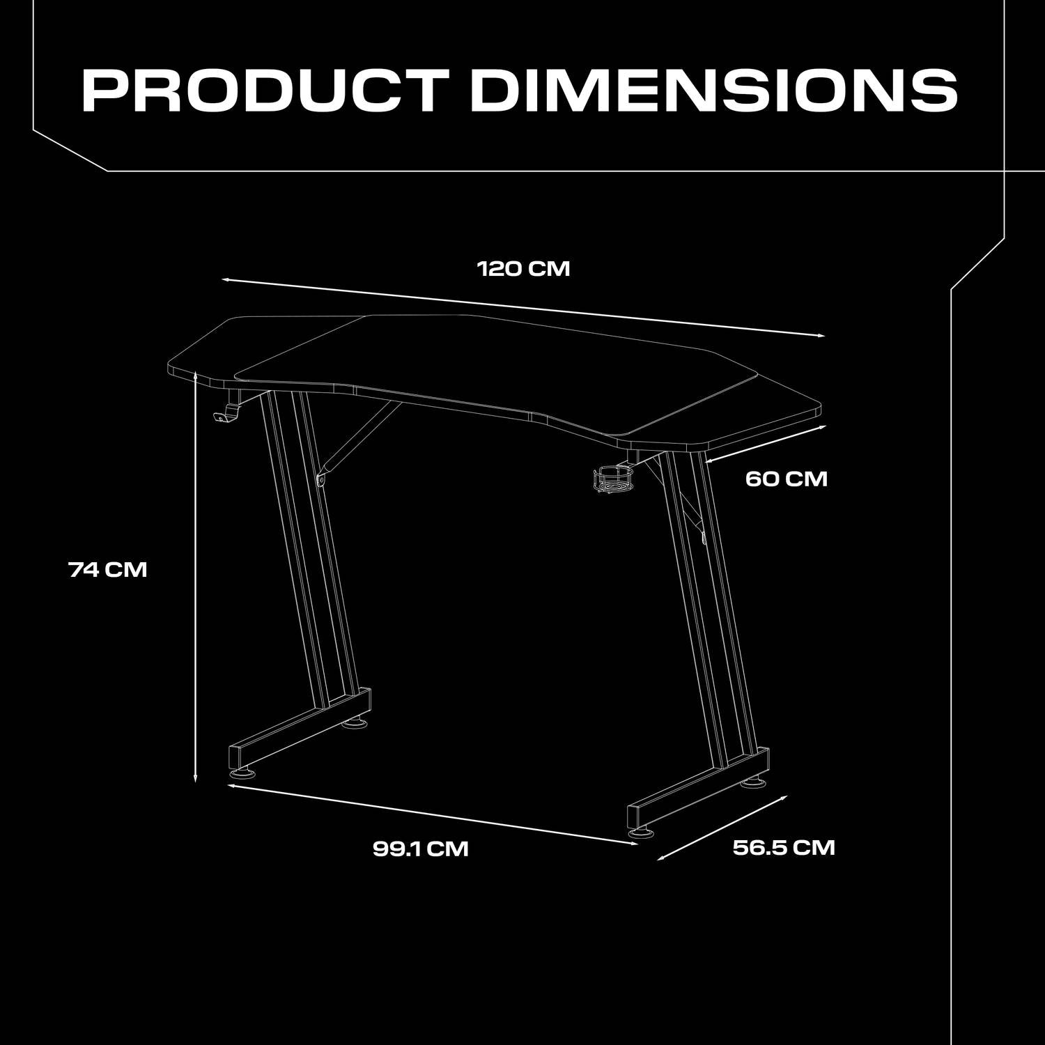 Diagram of a Panther Evo desk with dimensions labeled on a black background, showcasing 60cm depth, 120cm width and 74cm height
