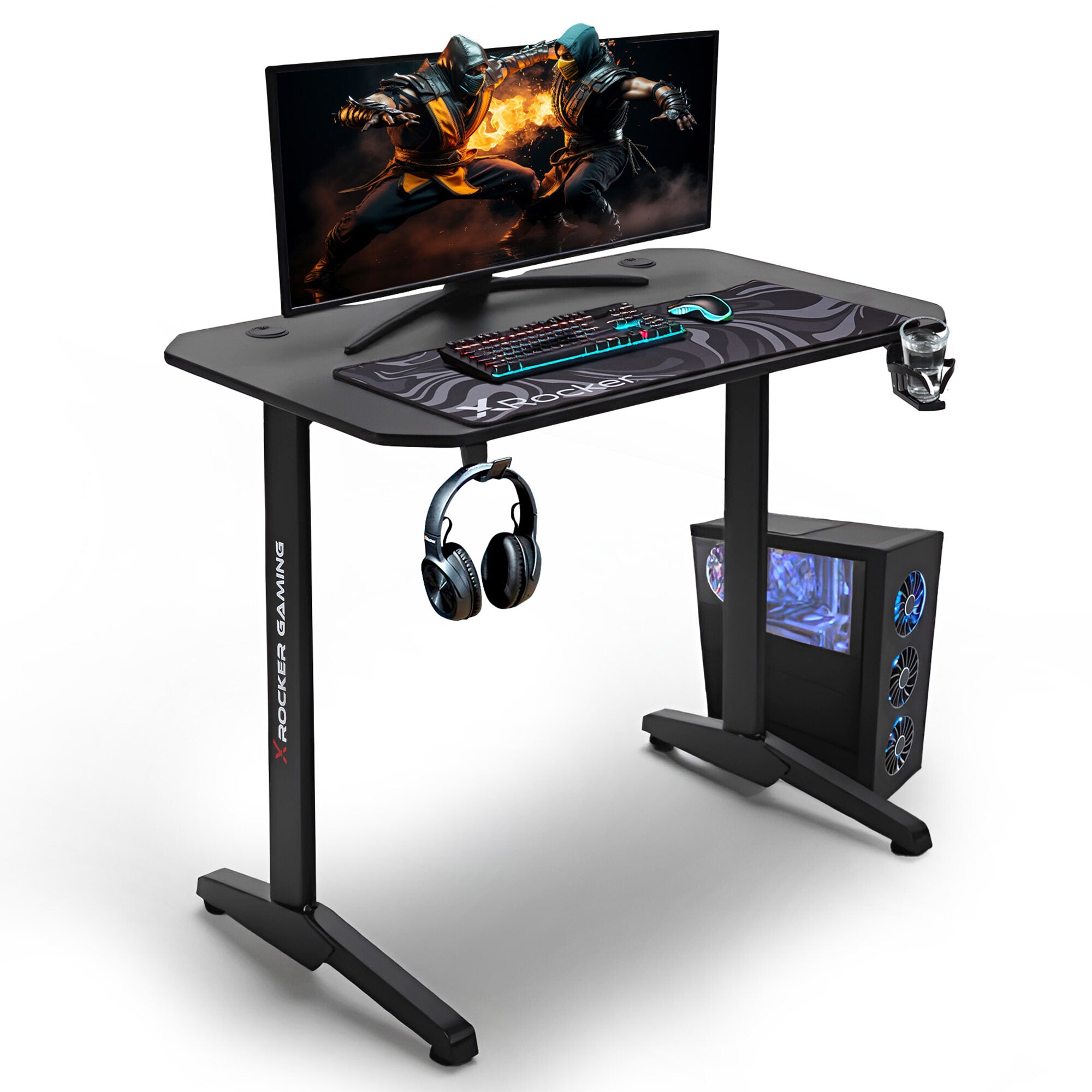 Gaming desk setup with monitor, keyboard, mouse, headphones, and computer tower on a white background