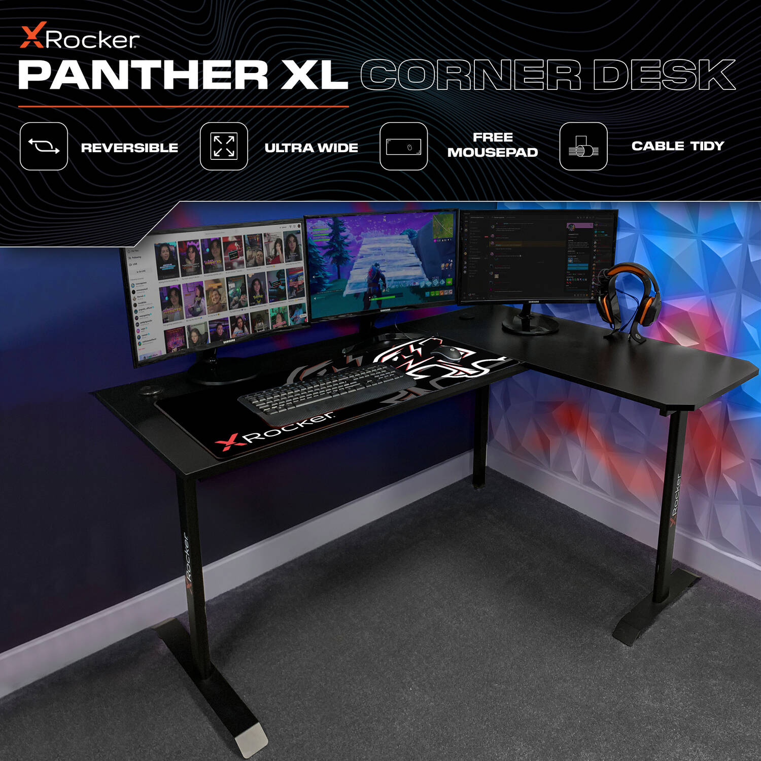 Panther XL 155cm Reversible Corner Gaming Desk with Mousepad - Carbon Black