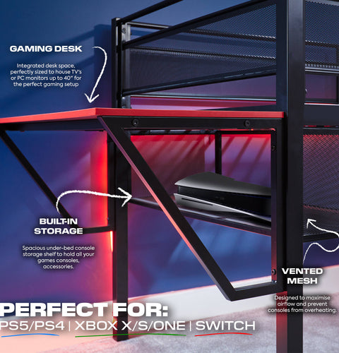 Sanctum Mid Sleeper Gaming Bunk Bed with Desk - Black
