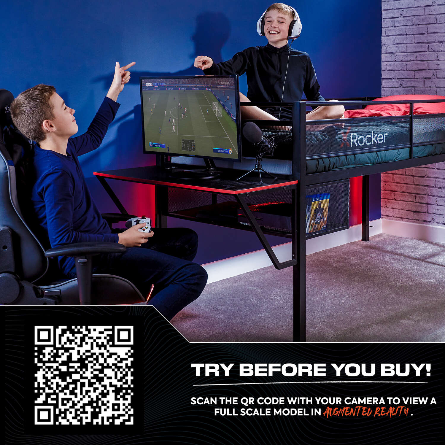 Sanctum Mid Sleeper Gaming Bunk Bed with Desk - Black