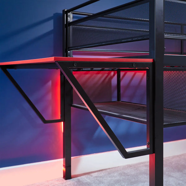 Metal desk with red lighting against a blue wall