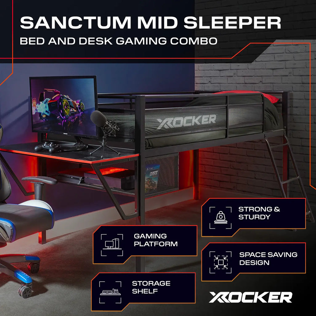 Gaming bed with X rocker branding, featuring a desk combo setup.