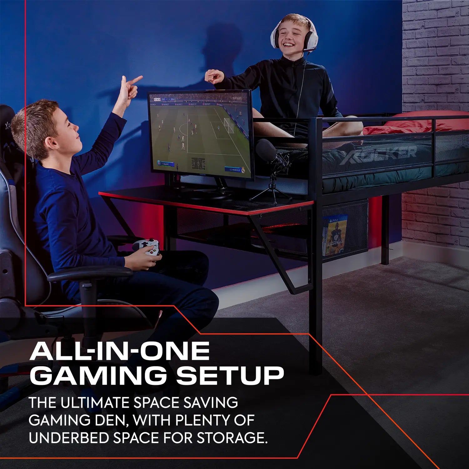 Two children playing video games in a room with gaming setup and storage solutions.