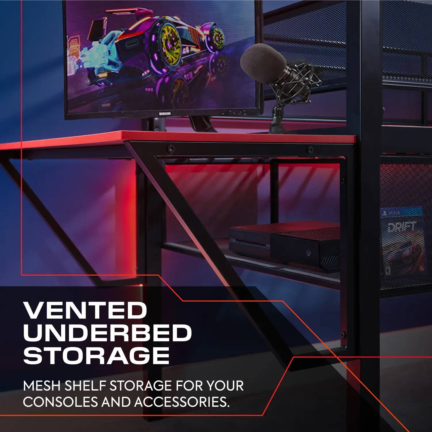 Gaming desk setup with monitor, microphone, and gaming console, featuring text about vented underbed storage.