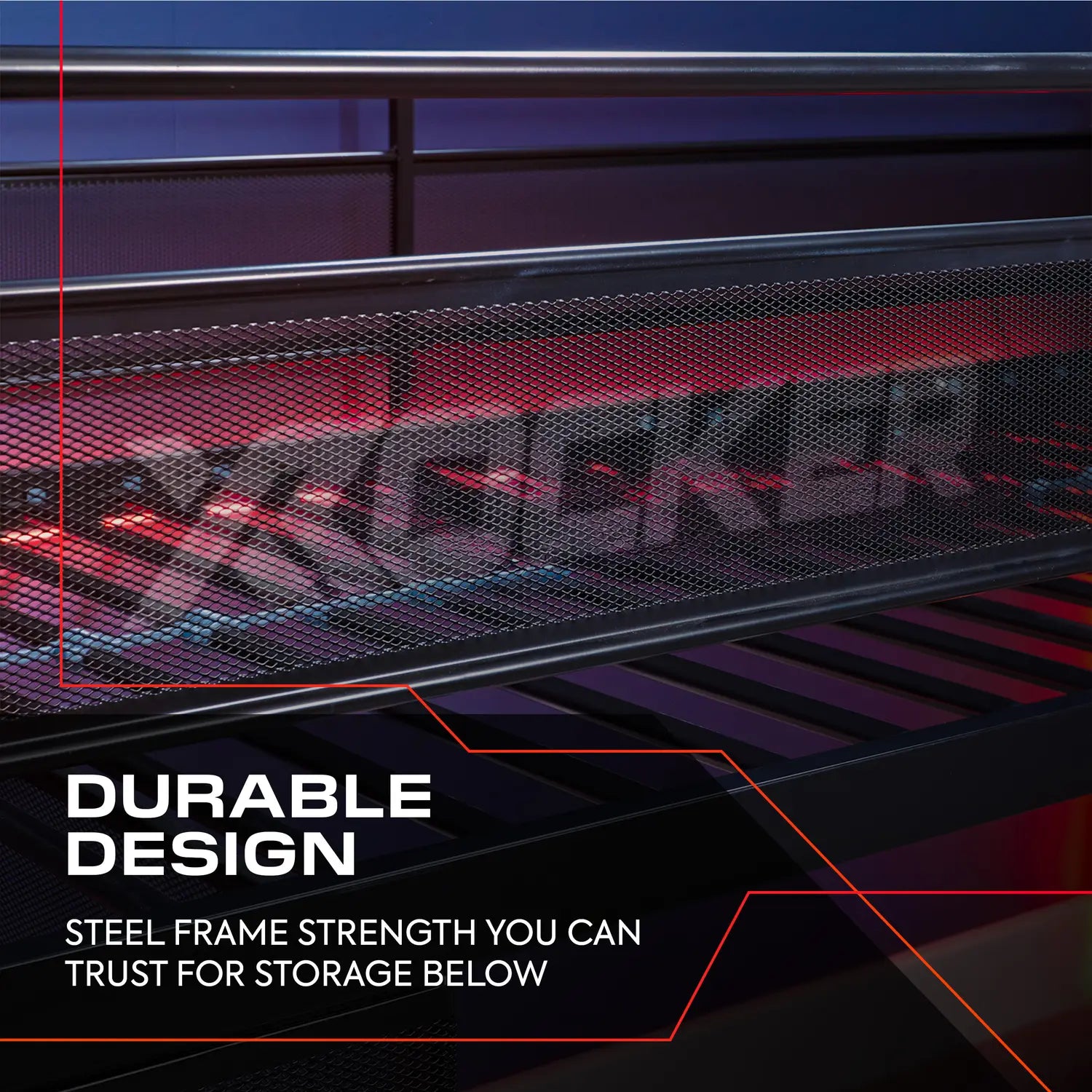 Gaming Bed with mesh front panel and text highlighting durable design and steel frame strength.