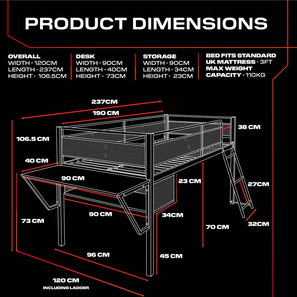 Product dimensions for the sanctum bed, showcasing a 120cm width, 237cm length and 106.5cm height