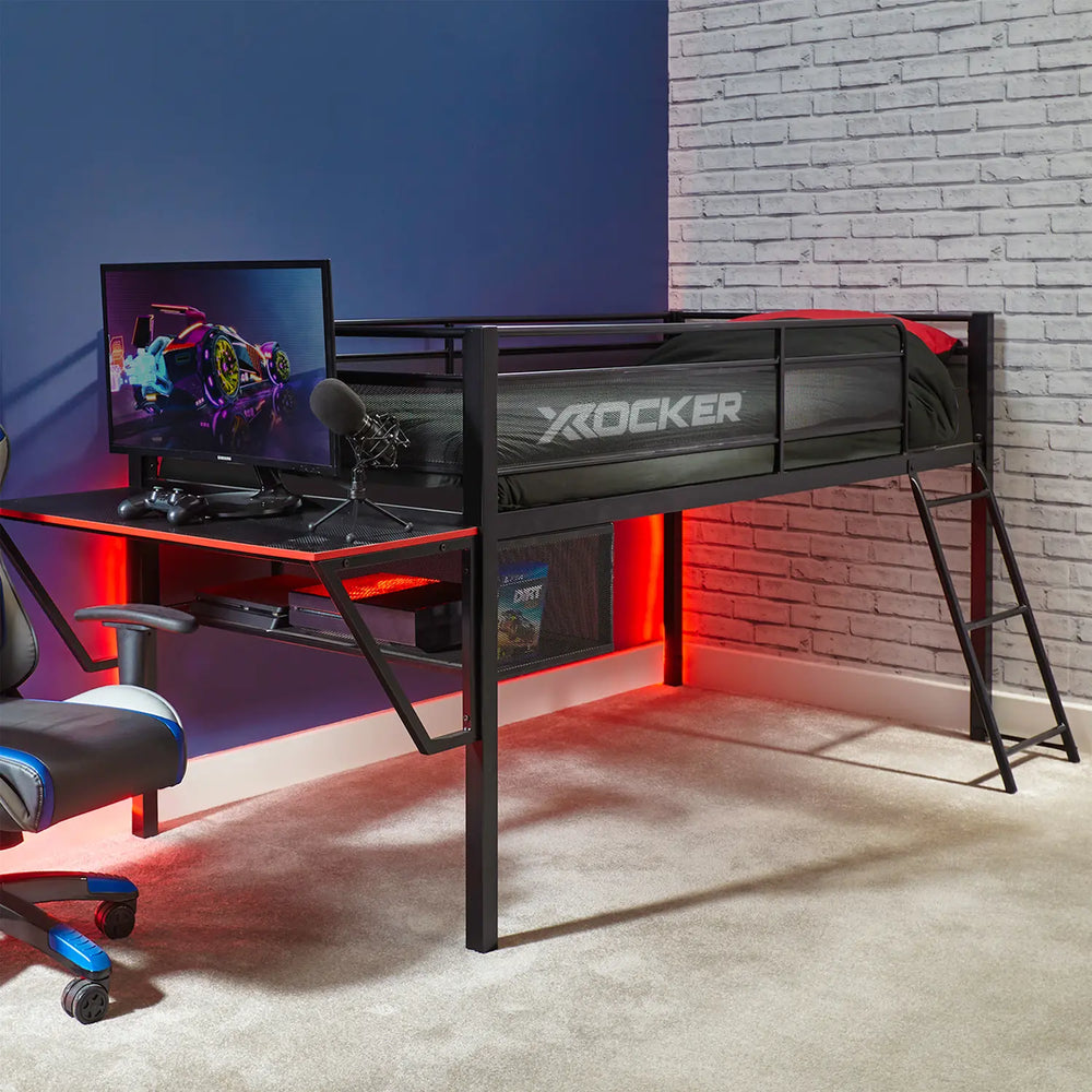 Mid Sleeper Bed with a Desk on one end, a ladder on the other and a gaming chair