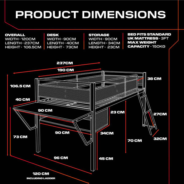 Product dimensions chart for the sanctum bed with measurements in centimeters on a black background.