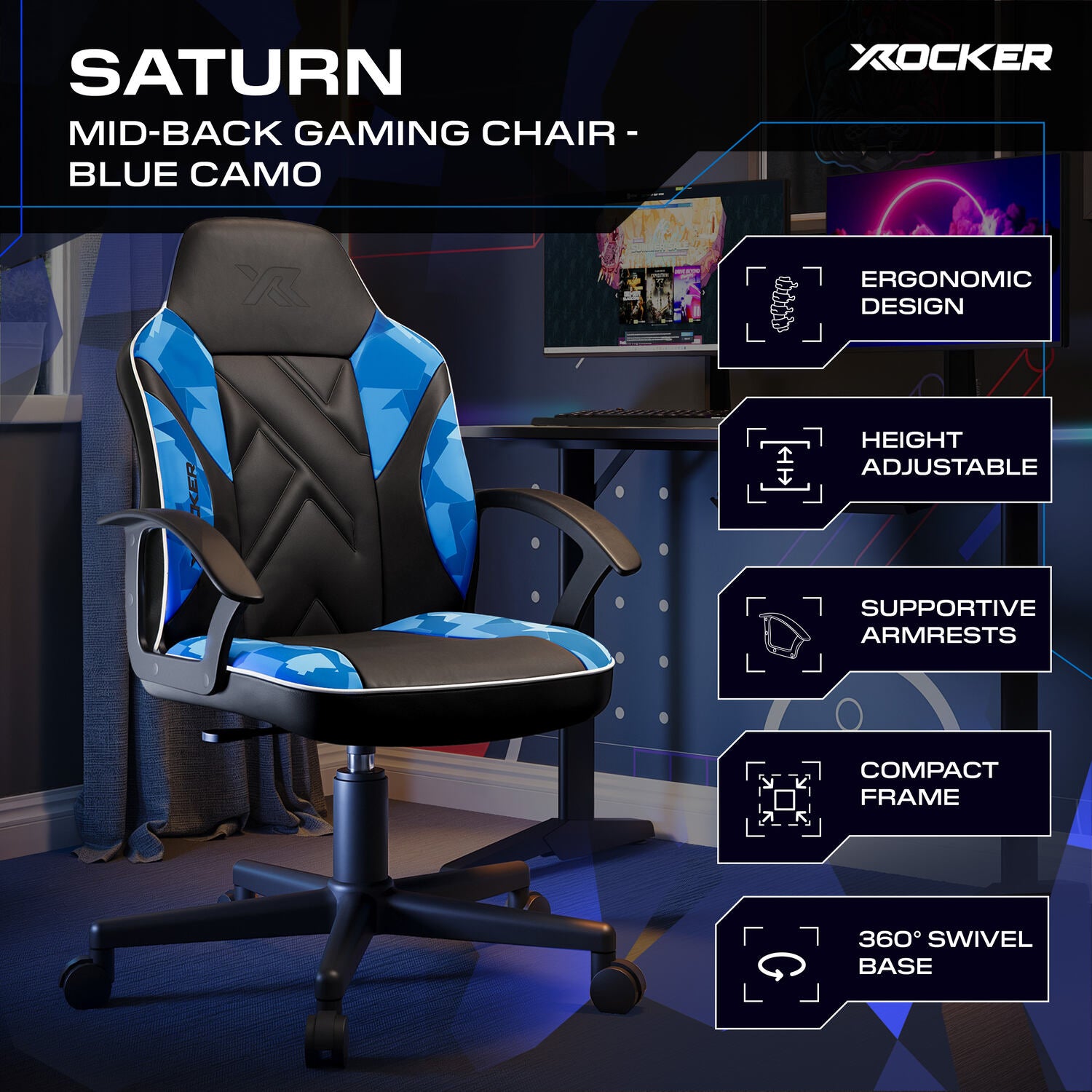 X rocker Saturn mid-back gaming chair in blue camo with features listed on a dark background.
