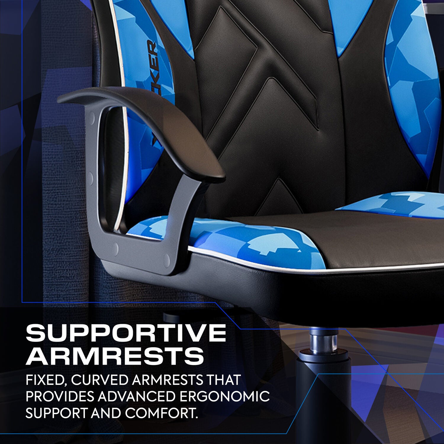 Gaming chair with supportive armrests highlighted, featuring blue and black design.