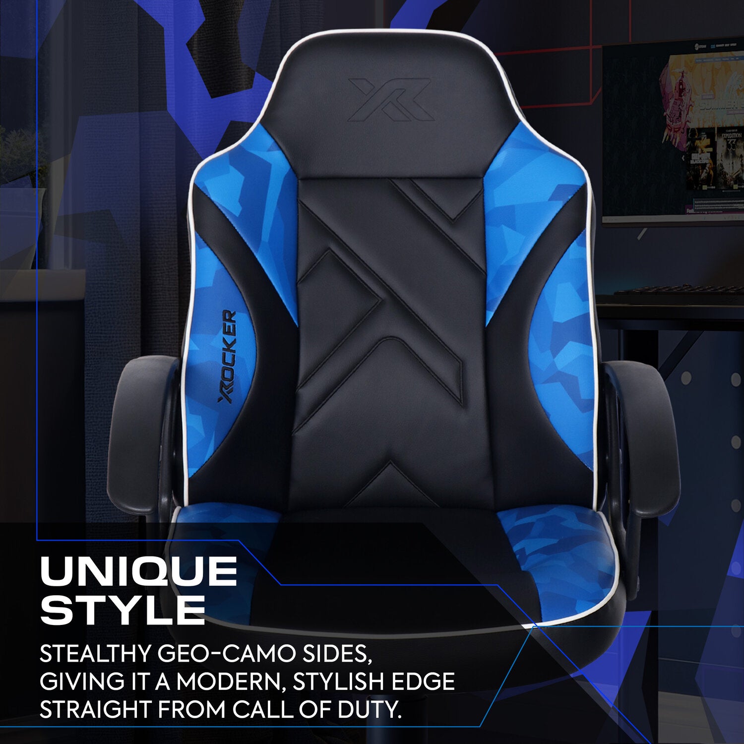 Gaming chair with blue and black design in a room setting