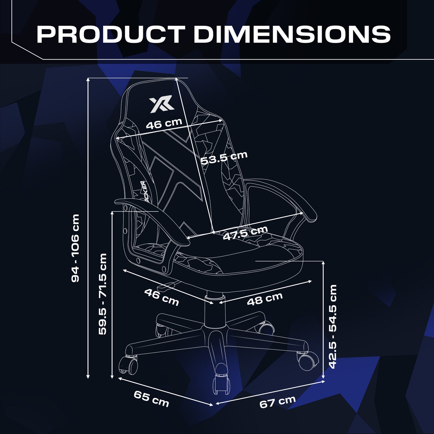 Gaming chair with dimensions labeled on a dark background
