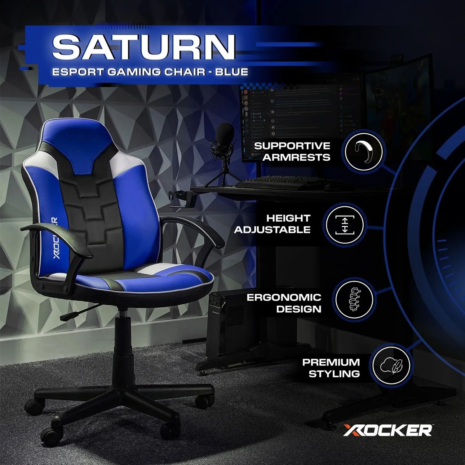 Blue gaming chair with features highlighted in a dark room setting, featuring X rocker branding.