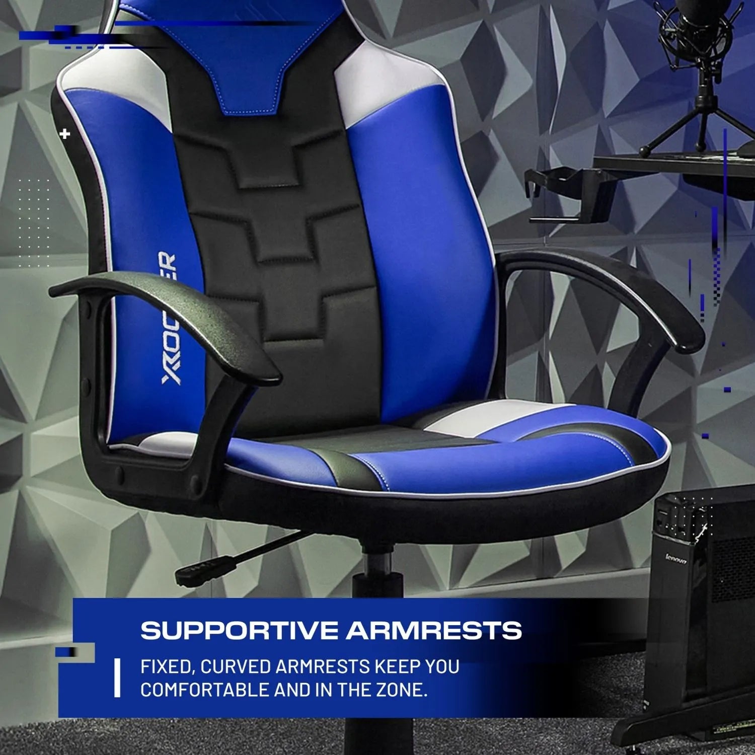 Blue and black gaming chair with supportive armrests in a room setting.