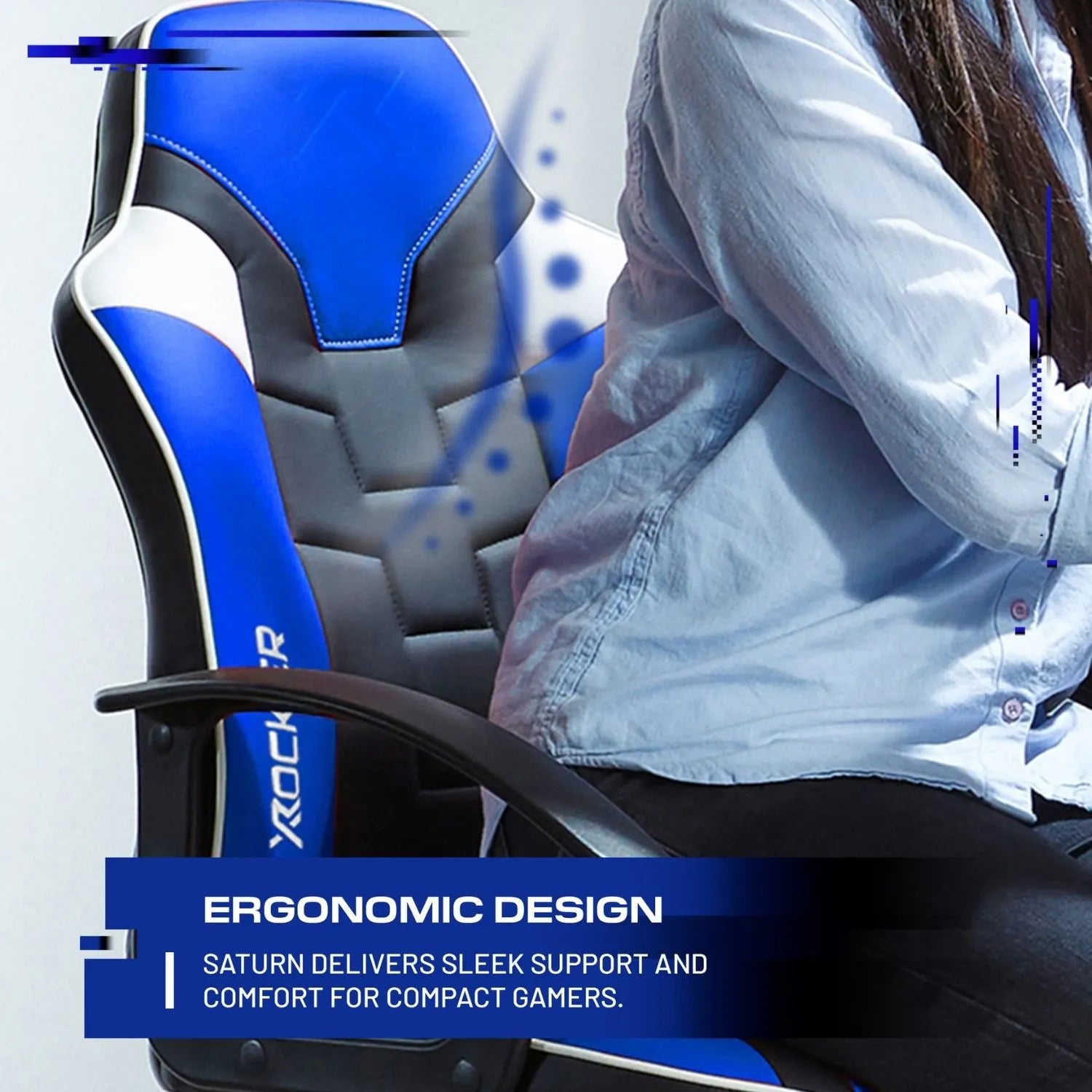 Person sitting on a blue and black gaming chair with text highlighting ergonomic design.