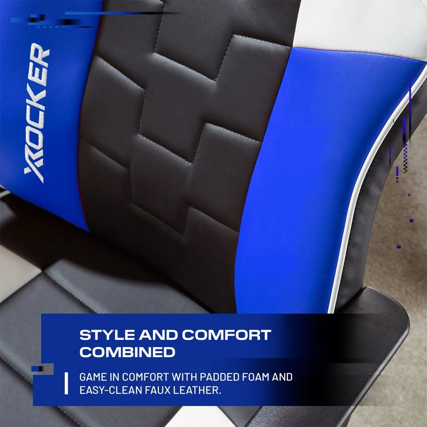 Close-up of a gaming chair with blue and black design, featuring the X rocker brand.