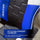 Close-up of a gaming chair with blue and black design, featuring the X rocker brand.