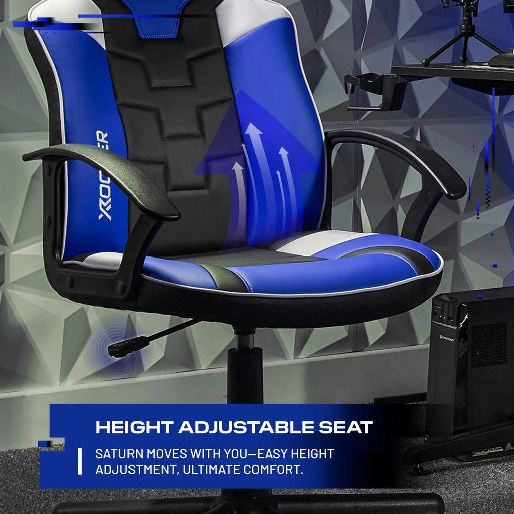 Blue and black gaming chair with height adjustable seat feature in a room setting.
