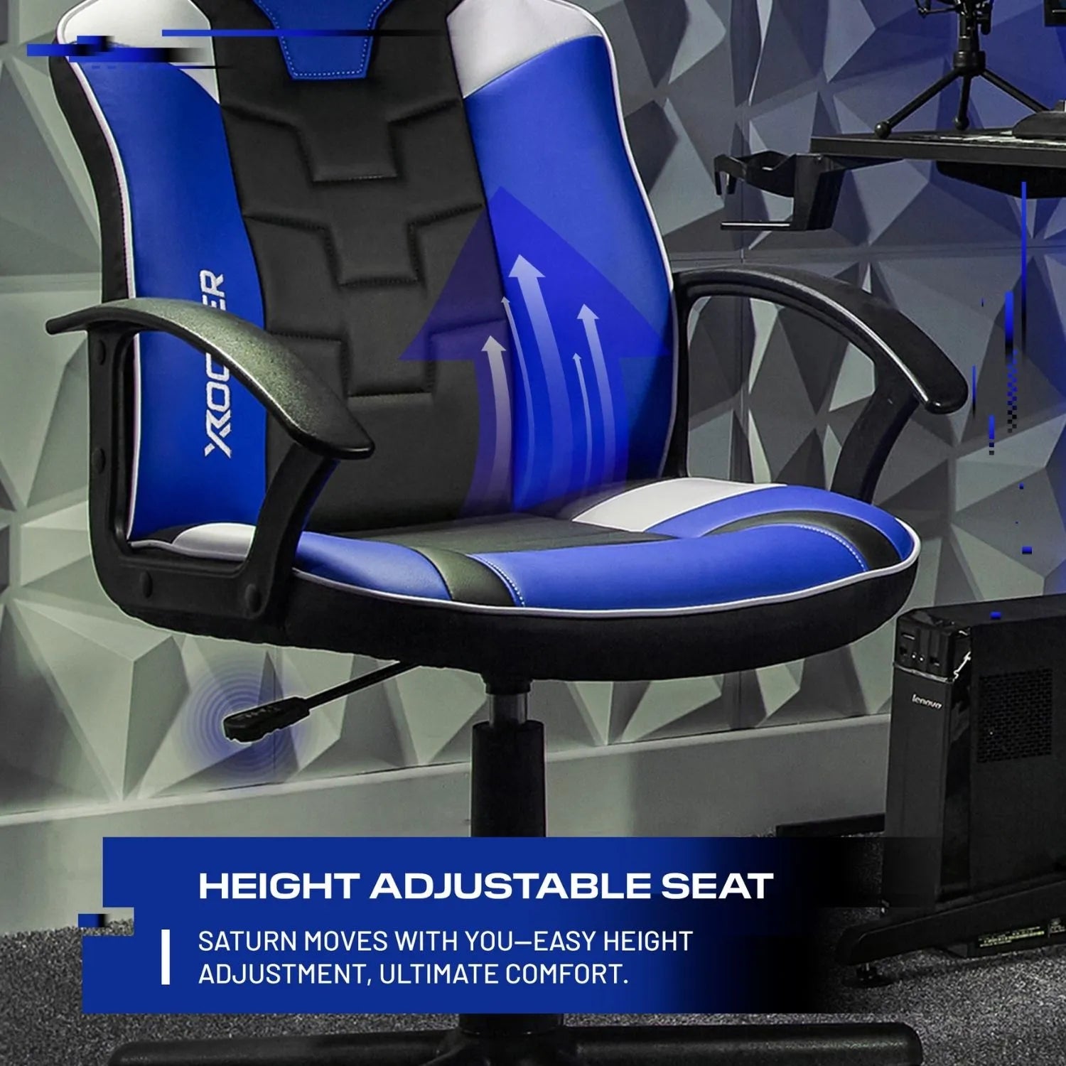 Blue and black gaming chair with height adjustable seat feature in a room setting.