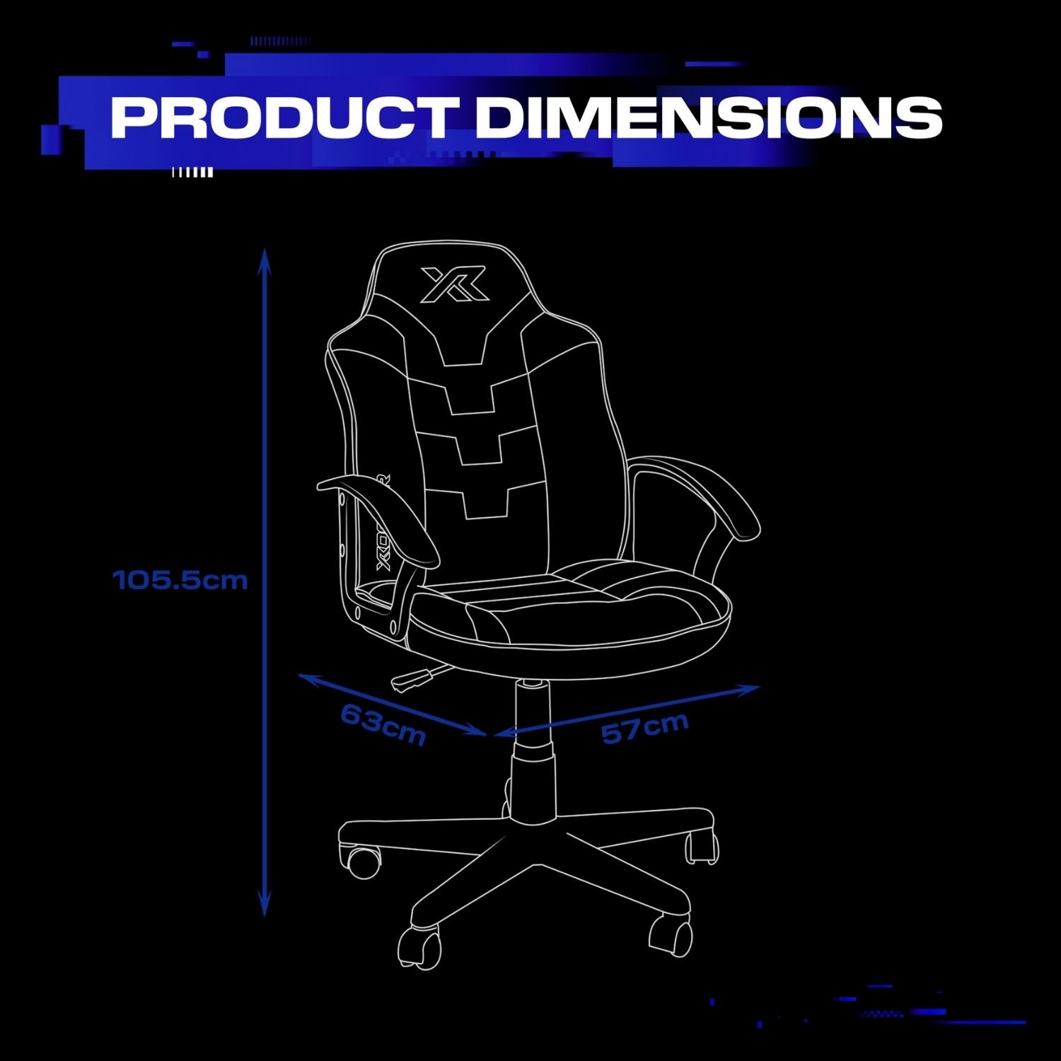 Outline of a gaming chair with dimensions on a black background